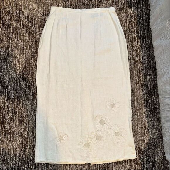 Harve Bernard Women's Size 12 Ivory Cream Floral 100% Linen Maxi Pencil Skirt - Picture 1 of 10